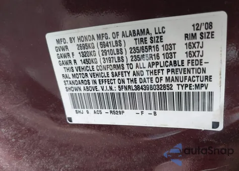 2009 Honda Odyssey Ex from USA, damaged, VIN 5FNRL38439B032852